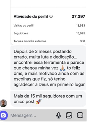 Depoimento real de usuário — 15 mil seguidores
